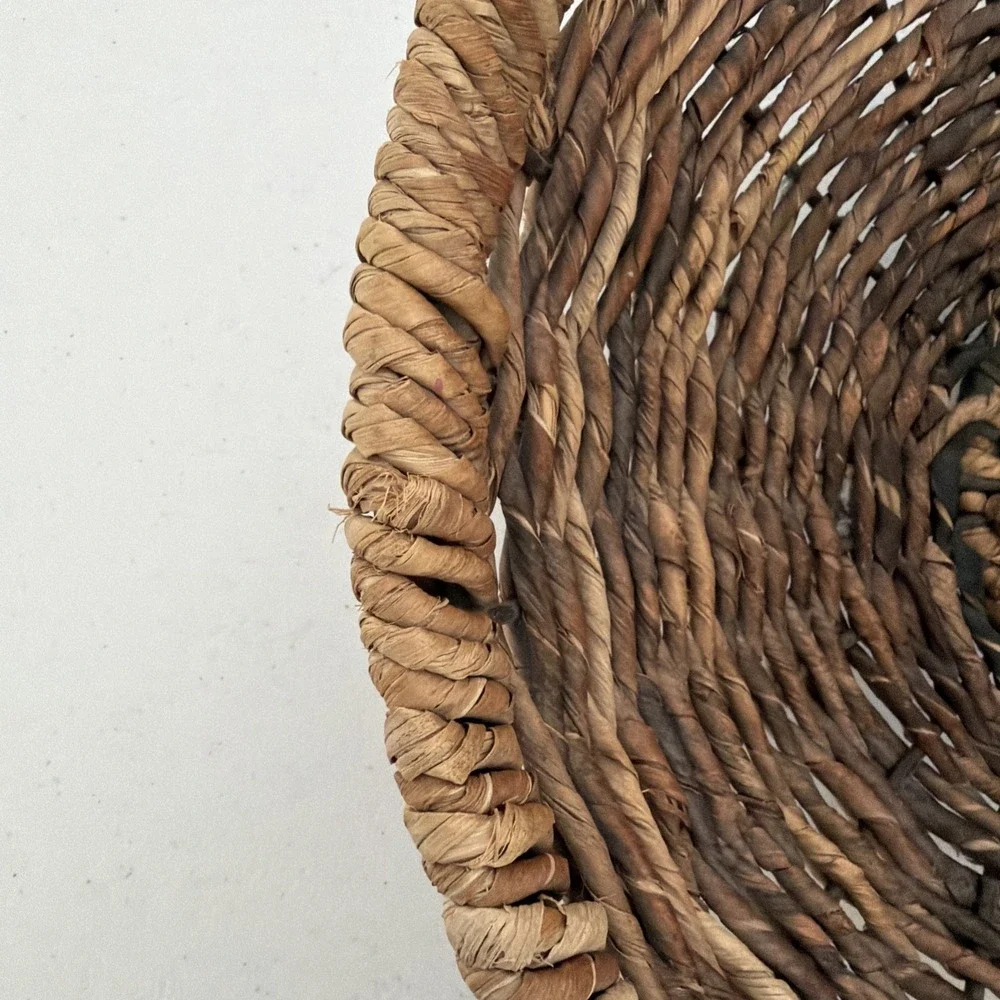 Vintage Round Woven Rattan Wicker Serving Tray Decor Dish Basket Metal Frame